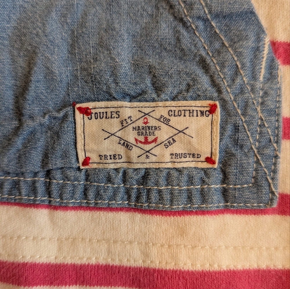 Joules Pink & White Striped Hooded Top with Denim Pocket - Picture 2 of 7